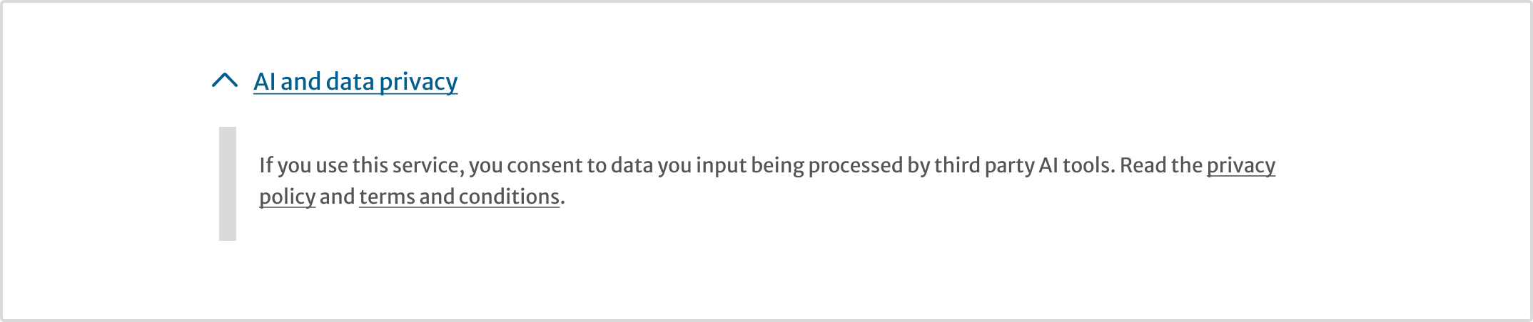 Expanded AI and data privacy details component showing a data-processing notice and links to the privacy policy and terms and conditions.