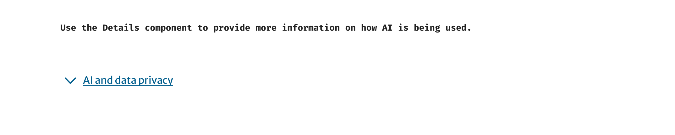 Collapsed AI and data privacy details component placed beneath guidance about explaining how AI is used.