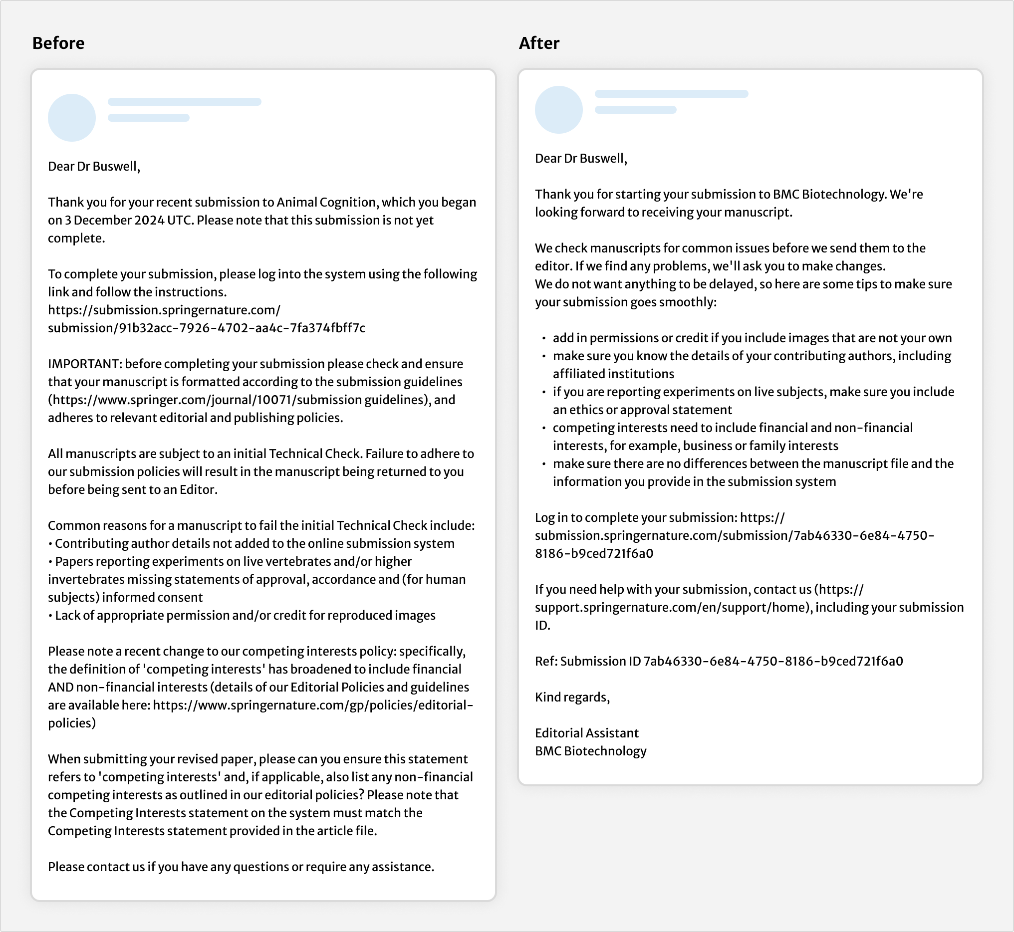 2 emails side by side. The one on the left is long, complicated and hard to understand. The one on the right is clear and concise.